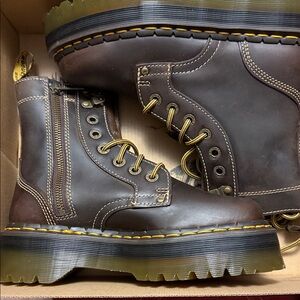 Dr. Martens Brown Leather Zip Lace-Up Combat Boots with Yellow Stitching